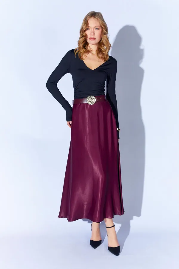 Jupe longue en satin ceinturée prune 3499 pour femme