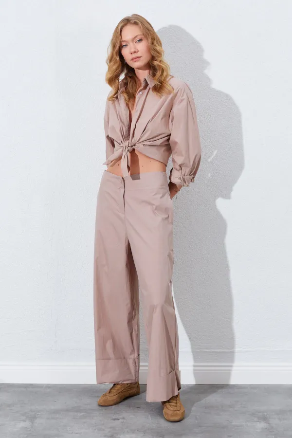 Kadın Vizon Geniş Double Boru Paça Pantolon