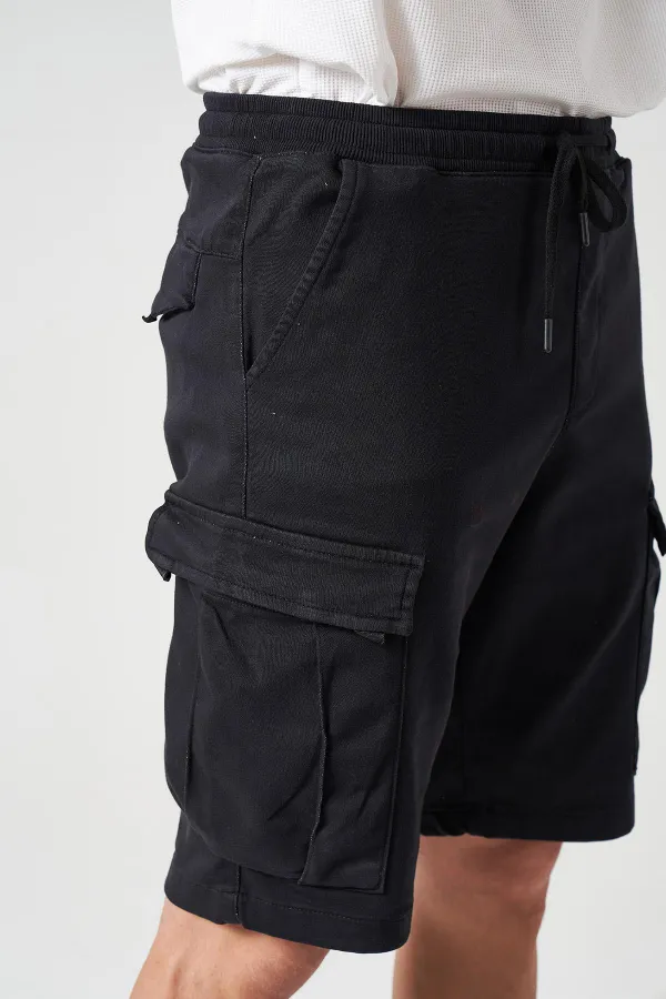 Short cargo noir en maille pour homme avec taille côtelée