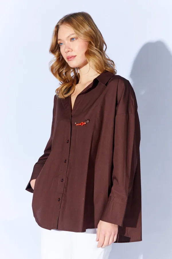 Kadın Kahve Önü Kısa Arkası Uzun Oversize Poplin Gömlek