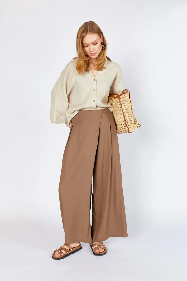 Kadın Kahve Anvelop Model Keten Pantolon