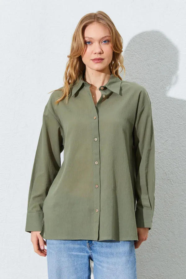 Kadın Haki Krınkıl Oversize Gömlek