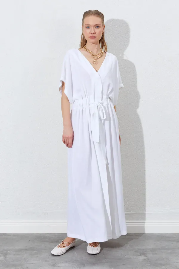 Kadın Beyaz Düşük Kol Beli Tünel Kemerli Keten Uzun Elbise