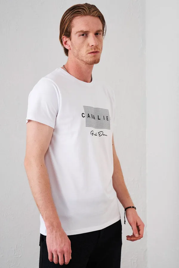Erkek Beyaz Bisiklet Yaka Cavalıer Baskılı Tişört