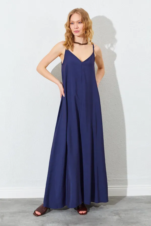 Women's Navy Blue V-Neck Loose-Fitting Modal Dress