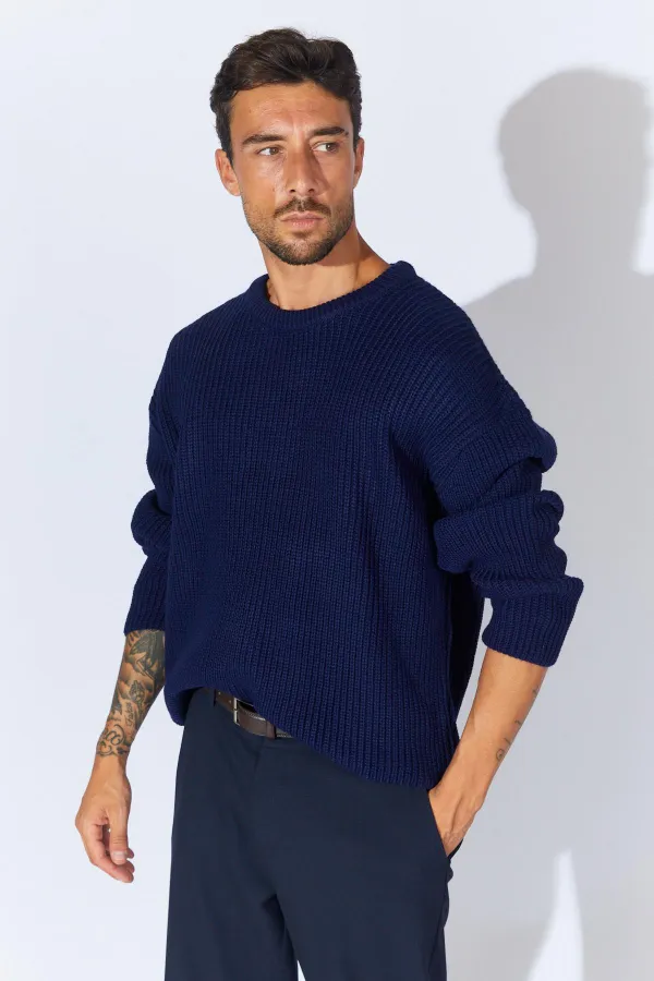 Pull en maille à col rond bleu marine pour homme (TRZ050)