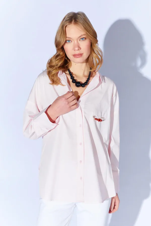 Kadın Pudra Önü Kısa Arkası Uzun Oversize Poplin Gömlek