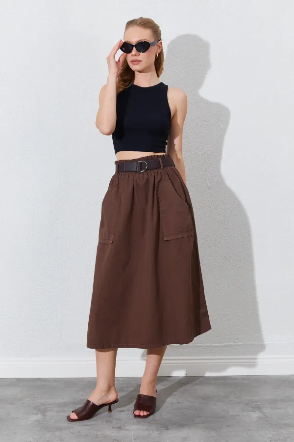 Kadın Kahve Palaska Kemerli Önü Cepli Gabardin Etek
