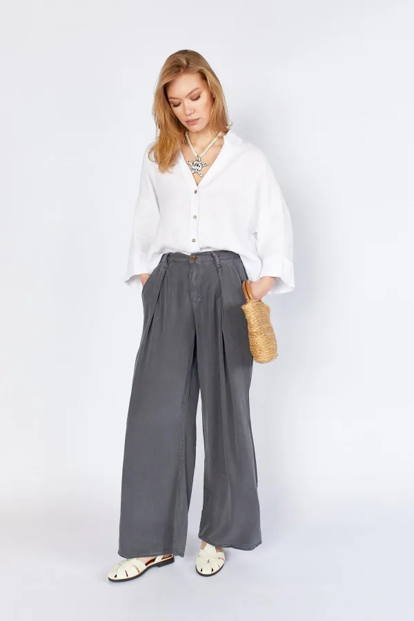Women's Anthracite YP5115 Double Pleated Wide Leg Tencel Trousers