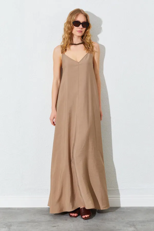 Kadın Vizon V Yaka Salaş Modal Kumaş Elbise