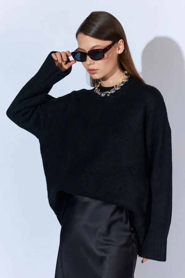 Kadın Siyah Bisiklet Yaka Basic Triko Kazak