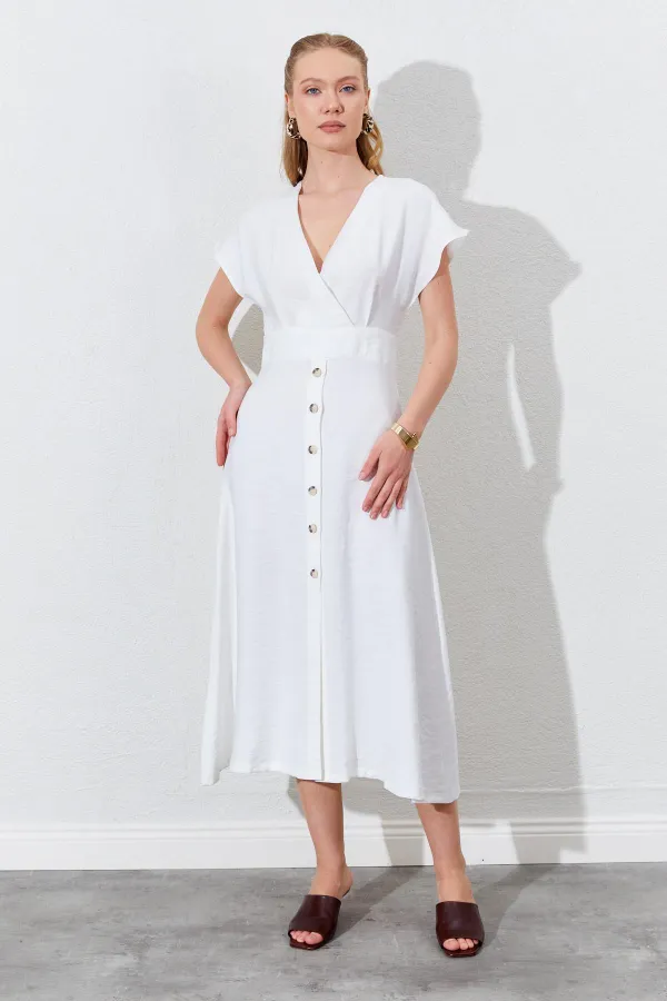 Women's Off-White Wrap-Neck Buttoned Modal Dress
