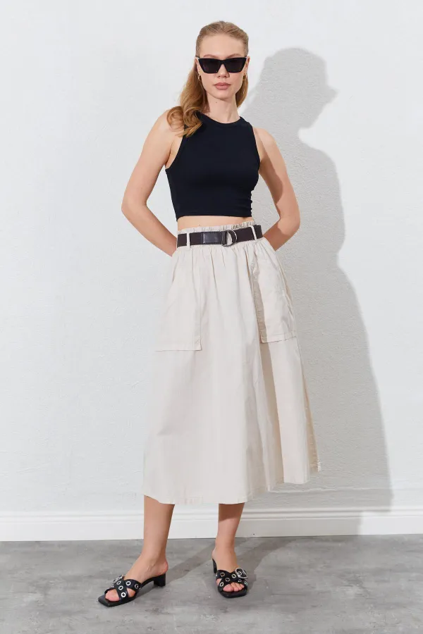 Kadın Taş Palaska Kemerli Önü Cepli Gabardin Etek