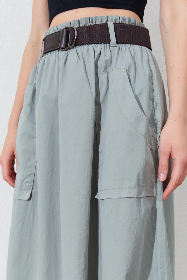 Kadın Haki Palaska Kemerli Önü Cepli Gabardin Etek