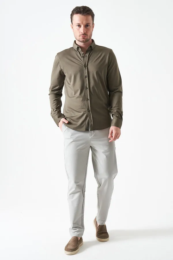 Erkek Haki Uzun Kol Ripaş Dalgıç Slim Fit Gömlek