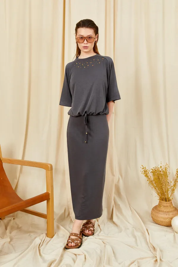 Kadın Antrasit 164 Reglan Kollu Etek Ucu Bağlama Bluzlu Etekli Modal Takım