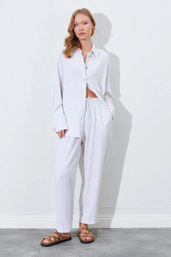 Kadın Naturel Beli Lastikli Havuç Kesim Keten Pantolon