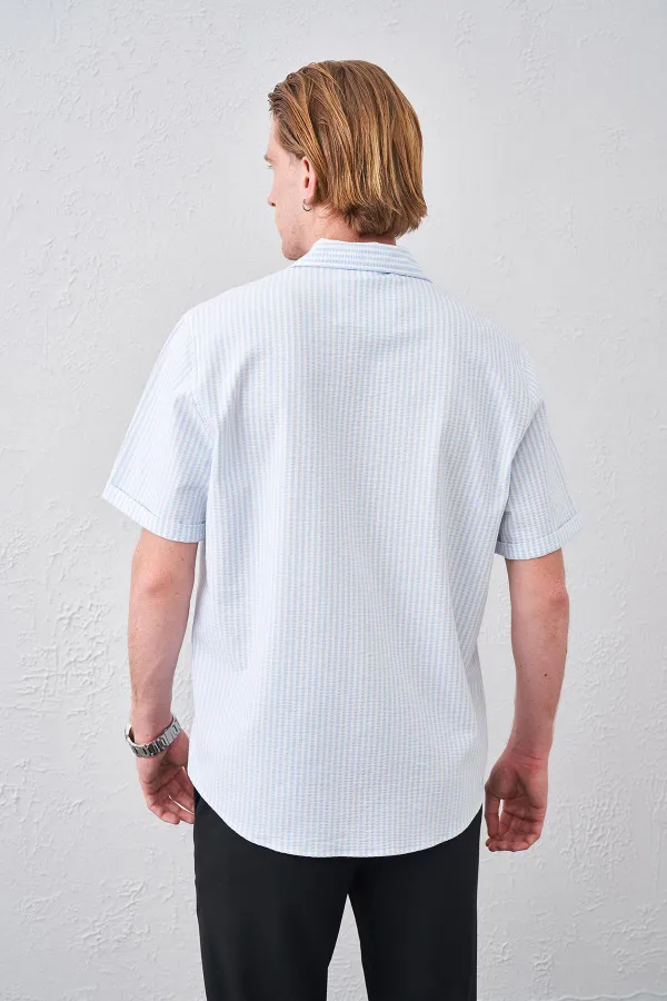 Erkek Mavi Kısa Kollu Apaş Yaka Gofre Flato Çizgili Regular Fit Gömlek