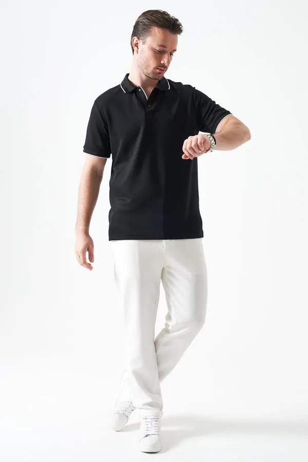 T-shirt homme noir à col boutonné en piqué modal