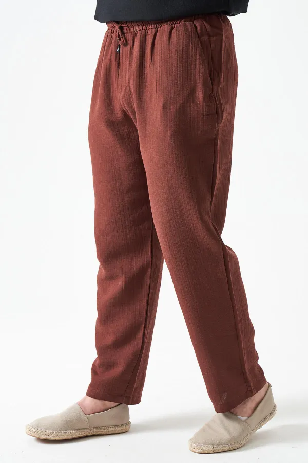 Erkek Kahve Bel Bağlamalı Baggy Müslin Pantolon