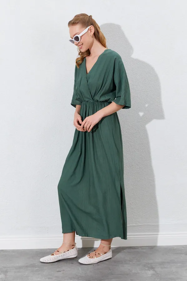 Kadın Haki Düşük Kol Yanları Yırtmaçlı Uzun Elbise