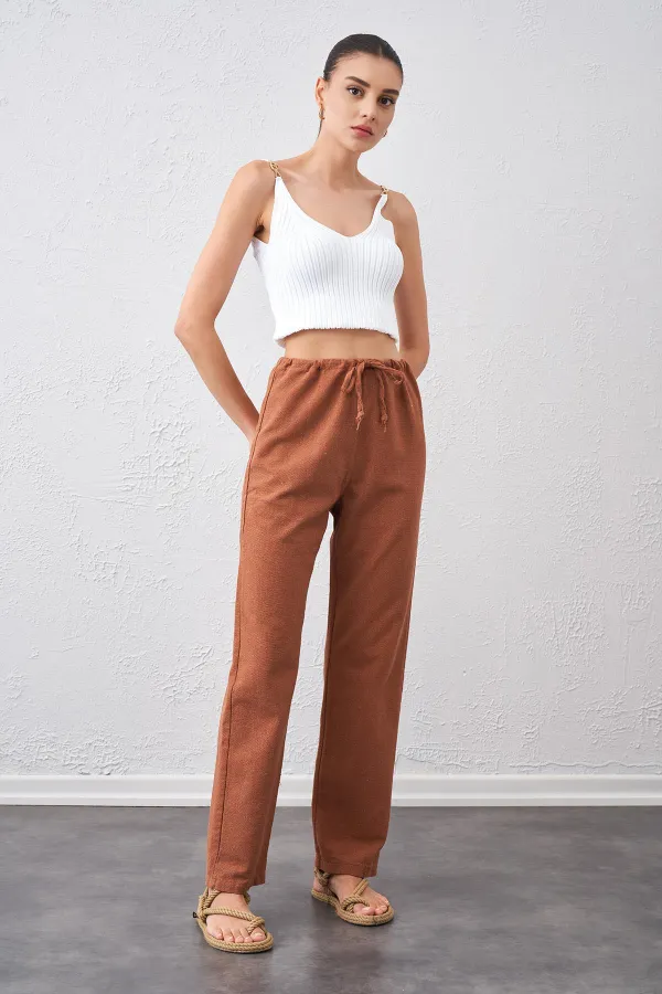 Kadın Kiremit Bel Bağlamalı Bağcıklı Keten Pantolon