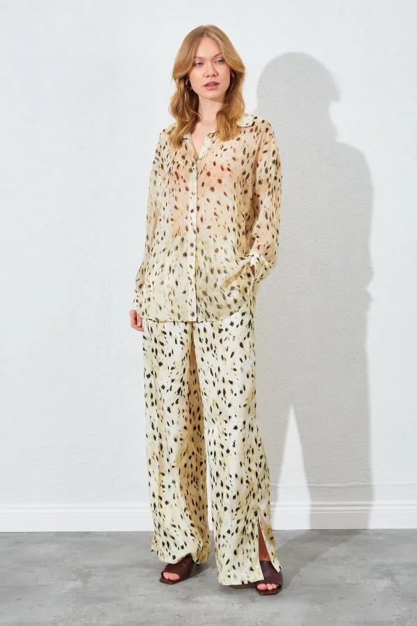 Kadın Dalmaçya Desen Taş Şifon Bluz Saten Pantolon Takım