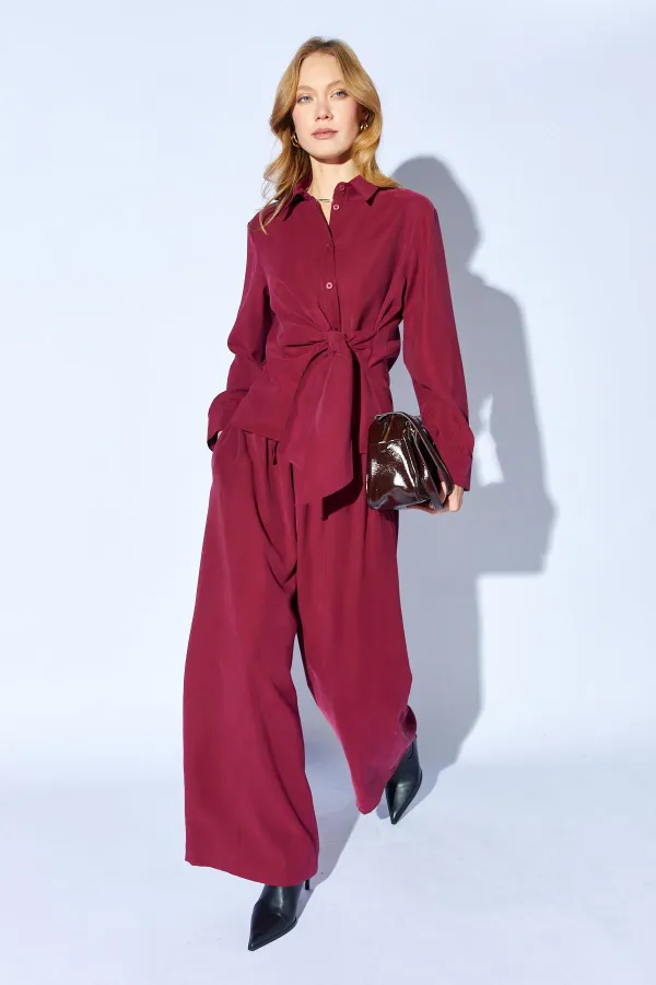Women's Plum Tie-Up Shirt and Wide-Leg Trousers Set