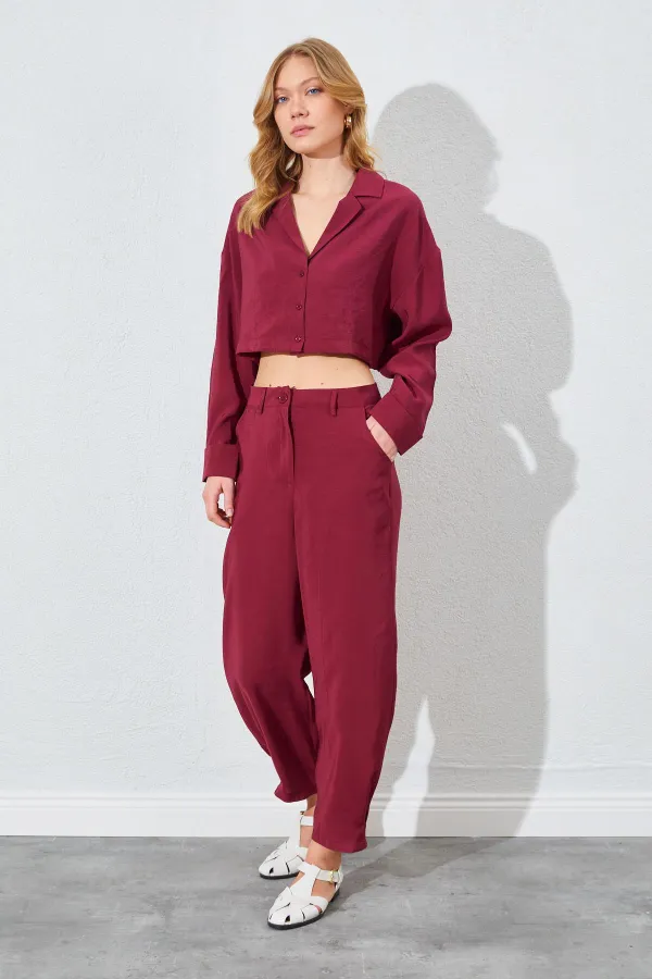 Kadın Bordo Paça Düğmeli Modal Kumaş Pantolon