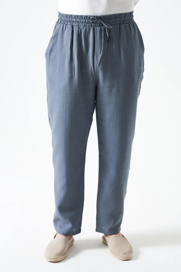 Erkek Antrasit Bel Bağlamalı Baggy Müslin Pantolon