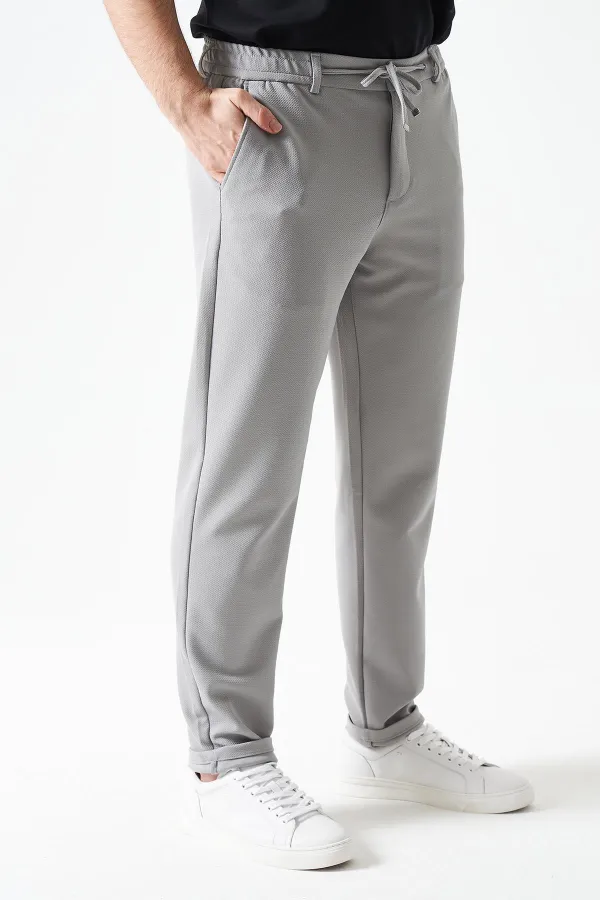 Erkek Gri Beli Yarım Lastikli Mendi Örme Jakar Pantolon