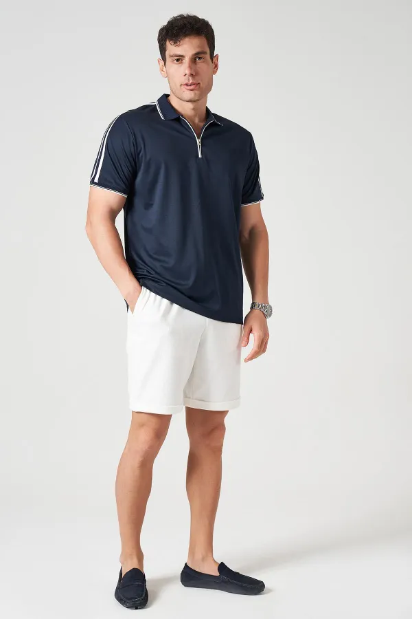 Erkek Lacivert Ayaklı Yaka Fermuarlı Omuz Şeritli Kagi Tişört