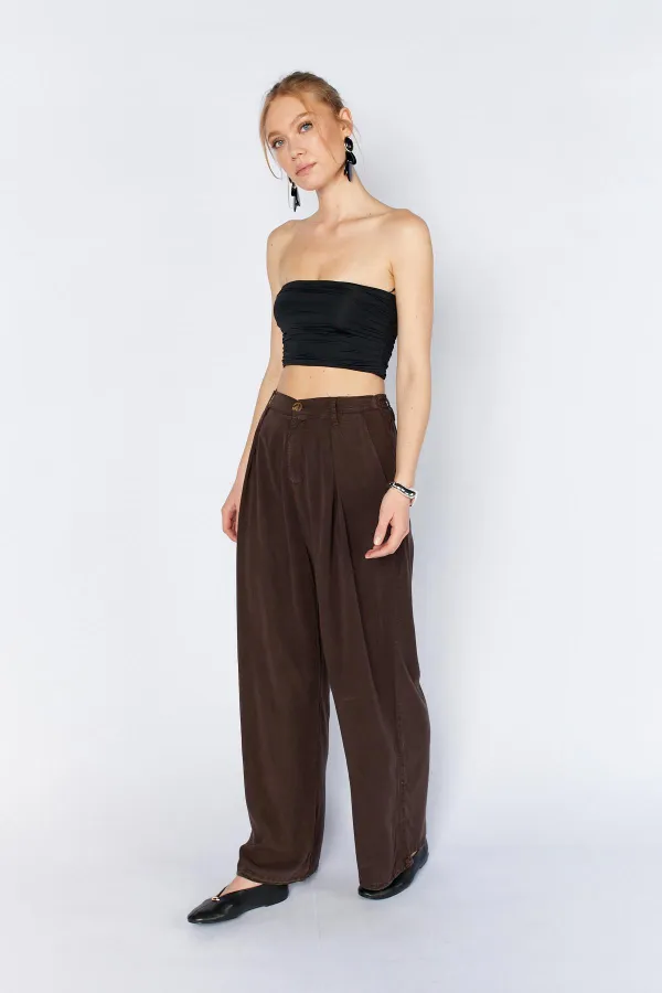 Women's Coffee YP5115 Double Pleated Wide Leg Tencel Trousers