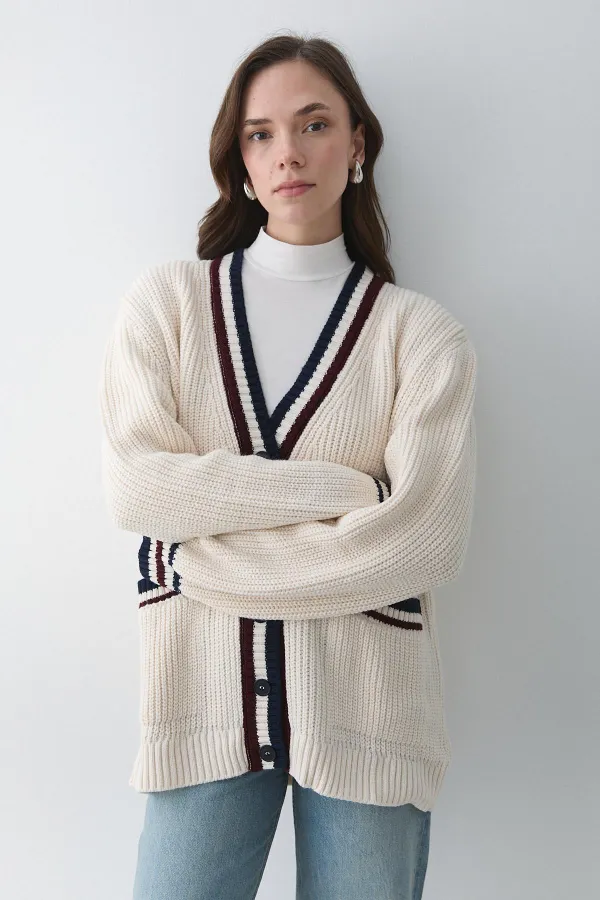 Women's Cream-Burgundy Cardigan with Pockets and Colorful Collar and Sleeves