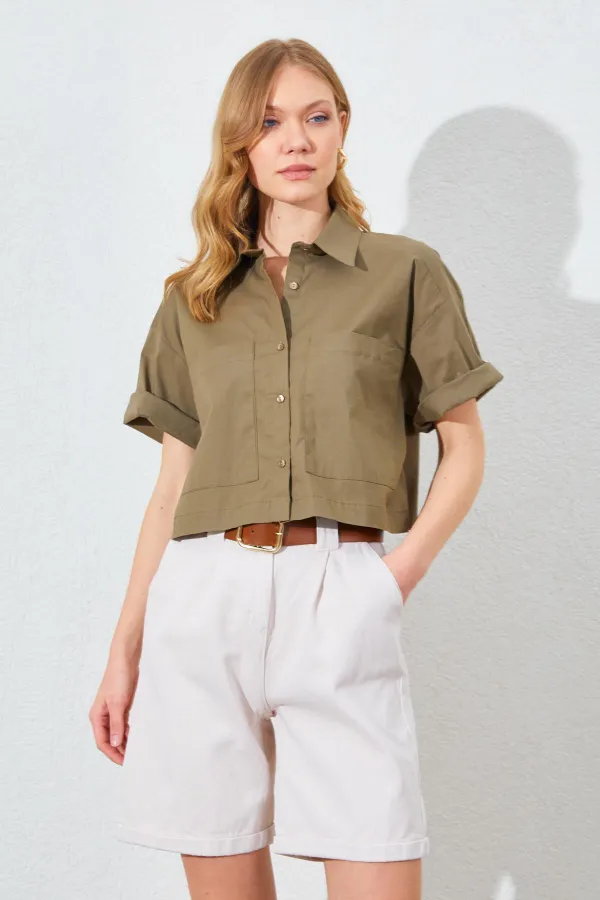 Kadın Haki Çift Cepli Düşük Kol Crop Gömlek