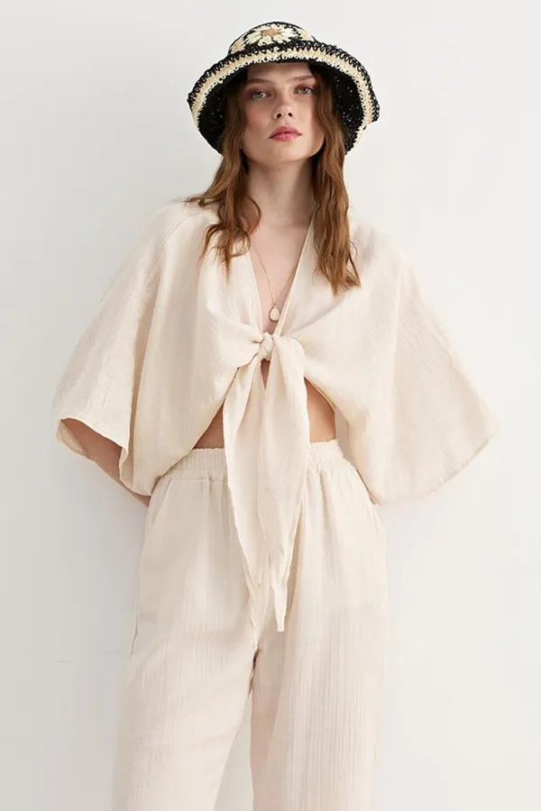 Kadın Taş Yarasa Kol Ön Bağlamalı Gömlek