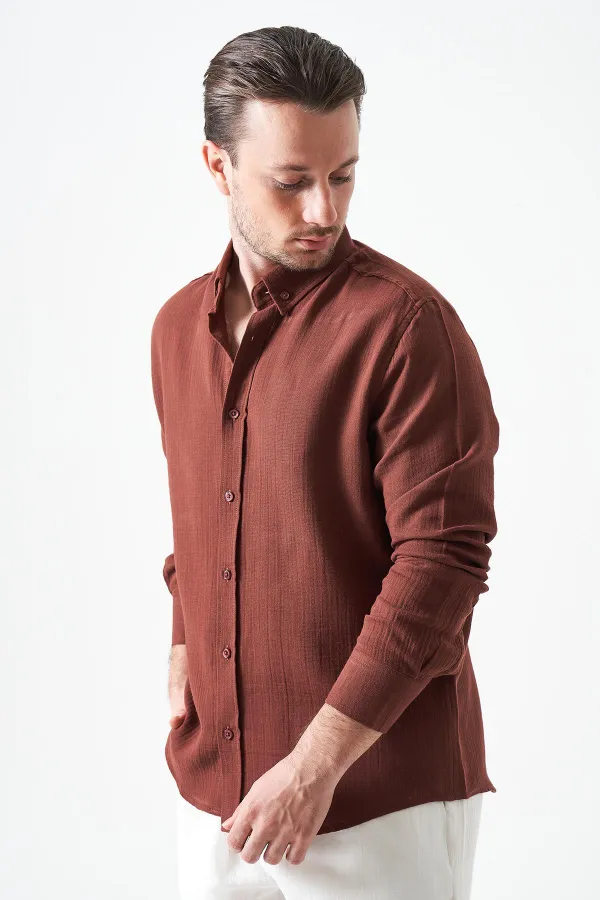 Erkek Kahve Uzun Kol Regular Basic Müslin Gömlek