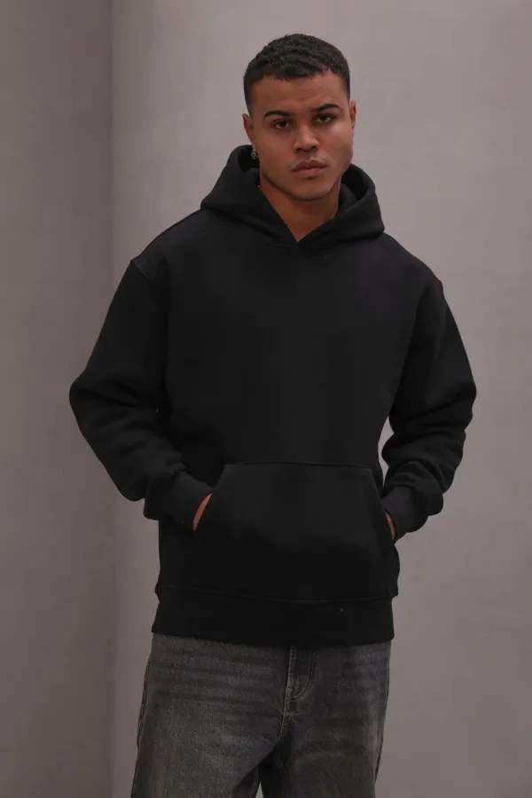 Men's Black Hooded Three-Thread Basic Sweatshirt