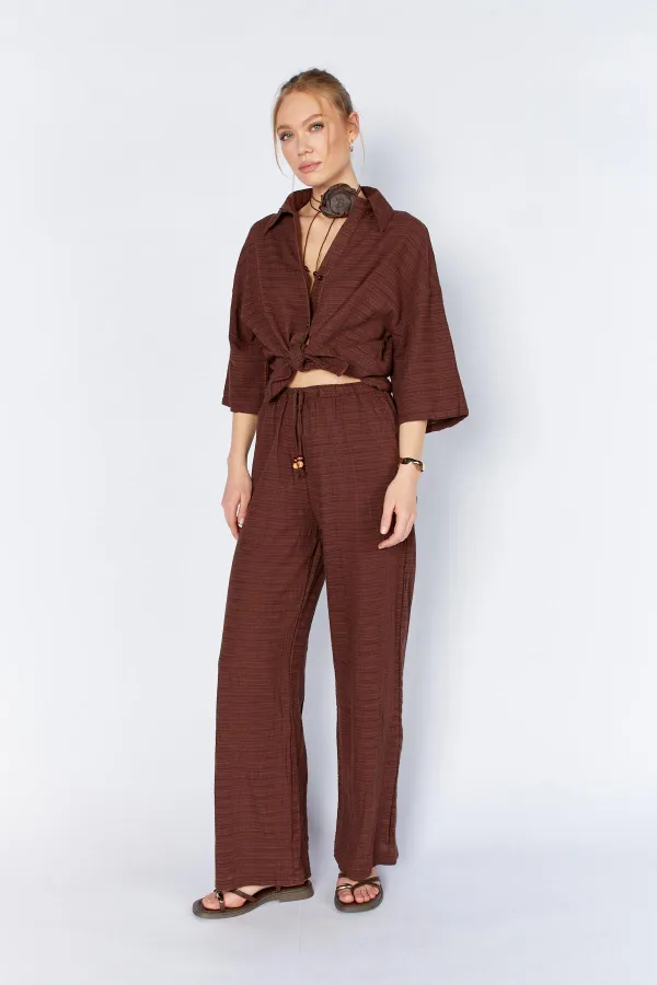 Women's Coffee-colored, Lined Trousers with Belt