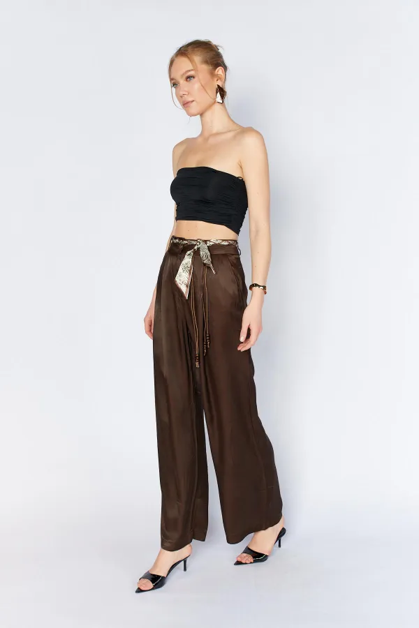 Women's Coffee Brown Wide-Leg Trousers with Scarf Belt and Flush Satin Fabric