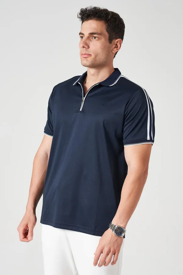 Erkek Lacivert Ayaklı Yaka Fermuarlı Omuz Şeritli Kagi Tişört