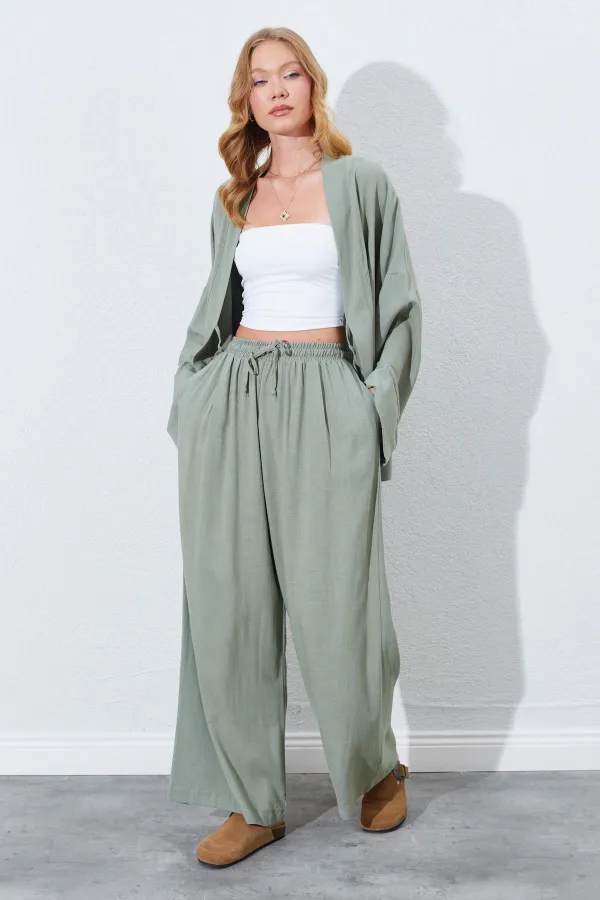 Kadın Haki Beli Lastikli Palazzo Keten Pantolon