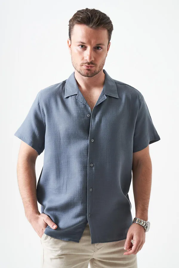 Erkek Antrasit Kısa Kol Apaj Yaka Müslin Regular Gömlek