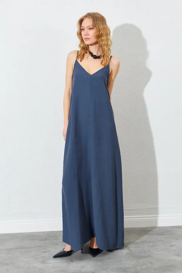 Kadın Antrasit V Yaka Salaş Modal Kumaş Elbise