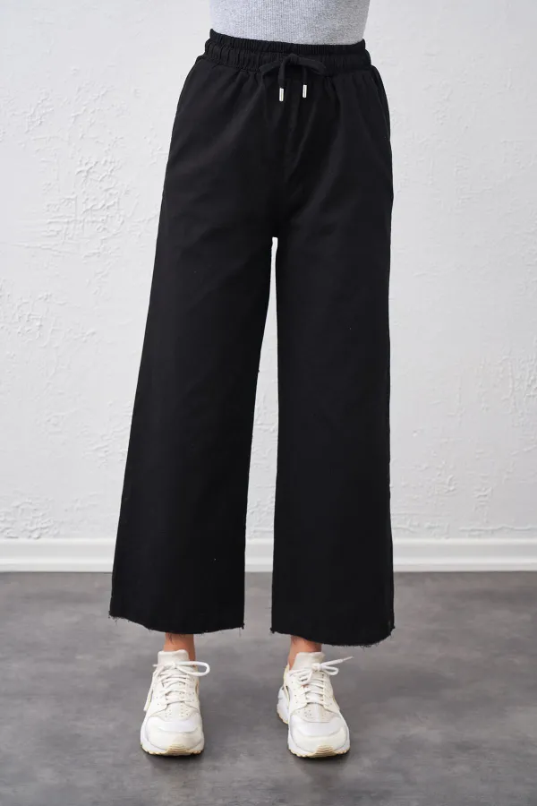 Kadın Siyah Beli Bağlamalı Geniş Piş Dikişli Paça Pantolon
