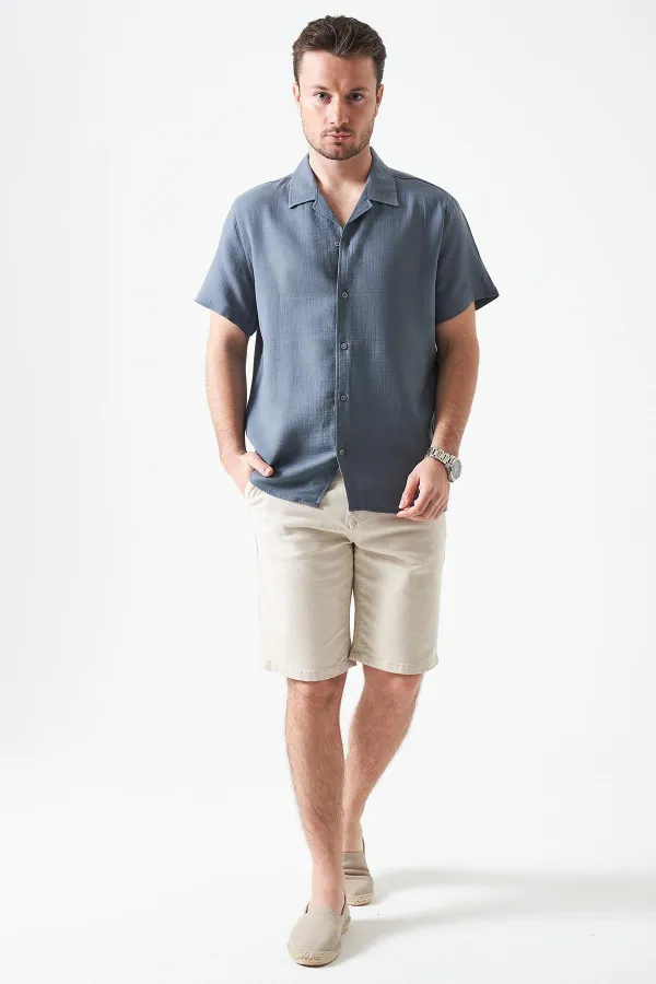 Erkek Antrasit Kısa Kol Apaj Yaka Müslin Regular Gömlek