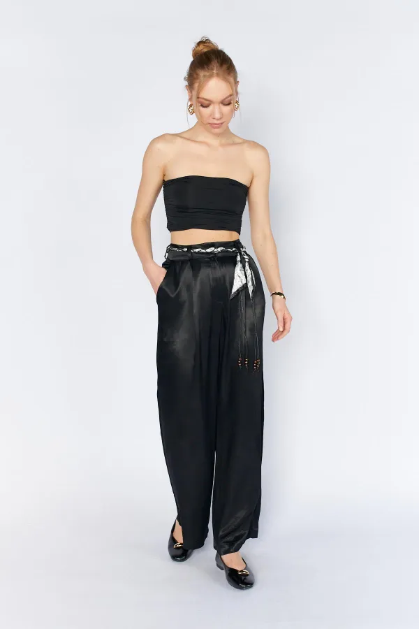 Women's Black Wide-Leg Trousers with Scarf Waistband and Flush Satin