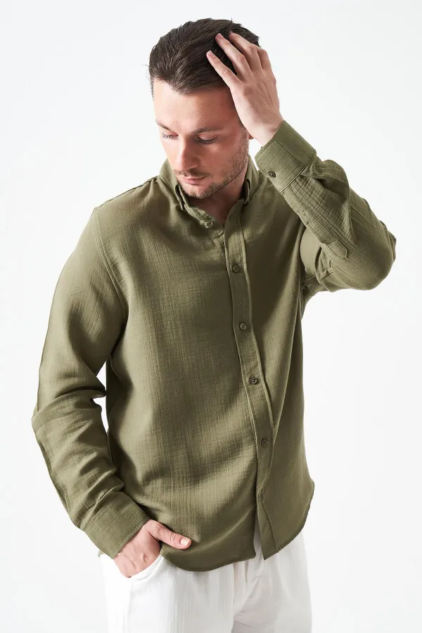 Erkek Haki Uzun Kol Regular Basic Müslin Gömlek