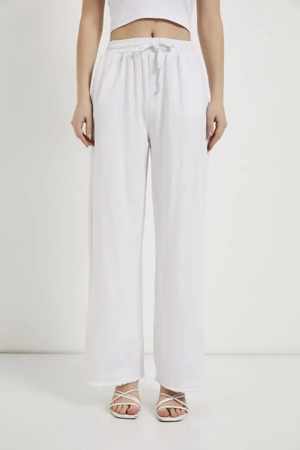Kadın Beyaz Beli Bağlamalı Geniş Piş Dikişli Paça Pantolon