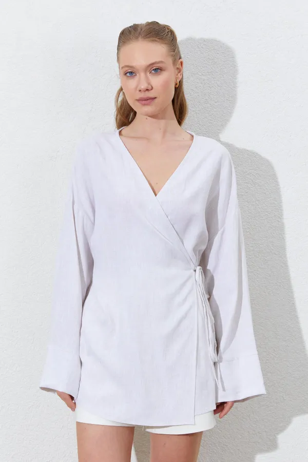 Kadın Naturel Kruvaze Yaka İp Bağlamalı Ceket